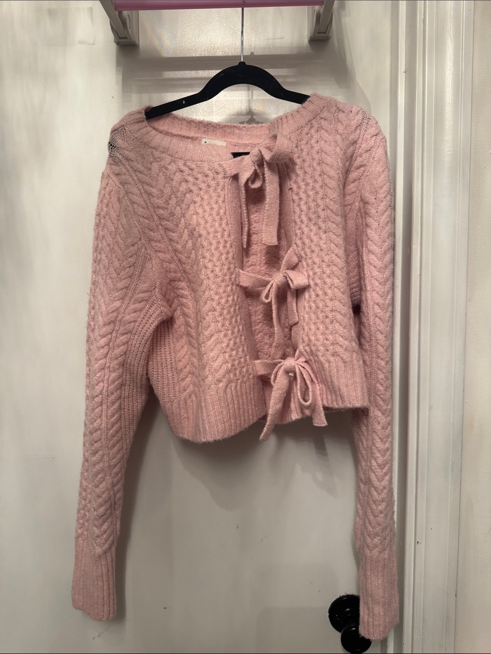 a new day Pink Cable-Knit Bow-Front Cardigan